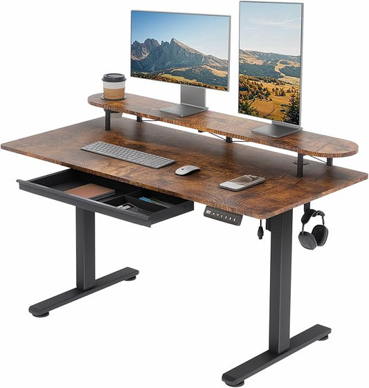 Standing Desk with Drawers and Cup Holder, Stand Up Adjustable Standing Desk, 48x24 Inch Electric Sit Stand Computer Desk with Splice Board for Home Office