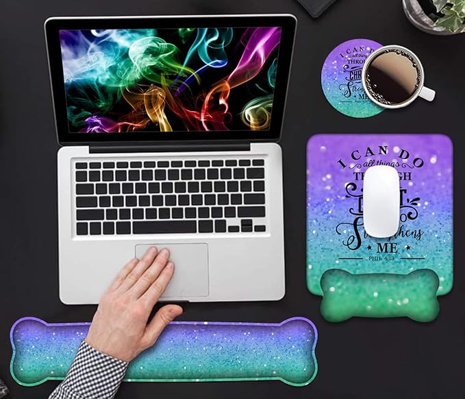 Wrist Rest Support Ergonomic Gel Mouse Pad & Memory Foam Keyboard Set, Non-Slip Rubber PU Base for Home Office Working Studying Easy Typing & Pain Relief, Quote Bible Verse Phil 4:13