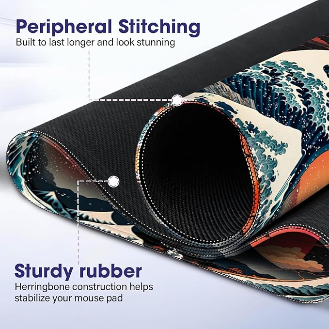 Japanese Sea Wave Large Gaming Mouse Pad – 35.4" x 15.7" Full Desk Mat, Non-Slip Rubber Base, Stitched Edges, Waterproof, Durable Surface for Esports, Office, Home
