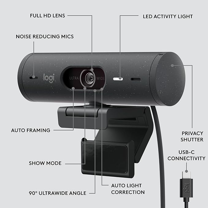 Logitech Brio 505 Full HD 1080p Webcam with auto Light Correction, framing, Dual Noise Reduction mics, Privacy Shutter - Works with Teams, Meet, Zoom, TAA Compliant.