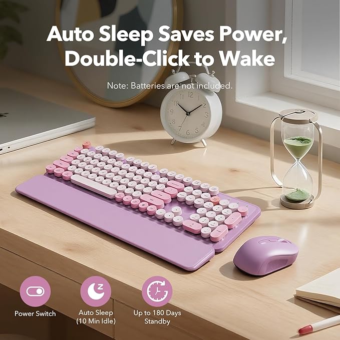 Wireless Keyboard and Mouse Combo with Detachable Magnetic Wrist Rest, Retro Typewriter-Style Keyboard, Round Keycap, Adjustable Legs, 3-Level DPI Mouse, 2.4GHz for Windows PC/Laptop (Lavender Purple)