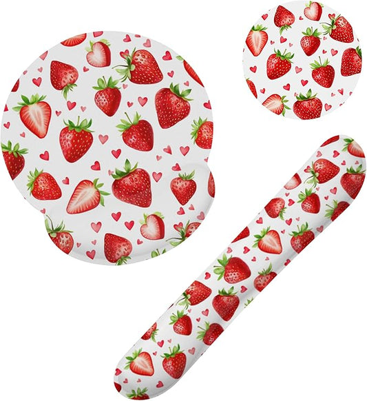 Cute Strawberry Heart Keyboard Wrist Rest Pad Mouse Pad Set,Ergonomic Mousepad Wrist Support Memory Foam Desk Pad for Gaming Office,Non-Slip Rubber Base Easy Typing for Home Office Computers