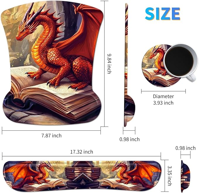 Ergonomic Mouse Pad with Wrist Support Gel Mouse Pads and Upgrade Keyboard Wrist Rest Pad Set, Coasters Non-Slip PU Base Mouse Mat for Office Gaming Computer Laptop Home, Red Dragon Books