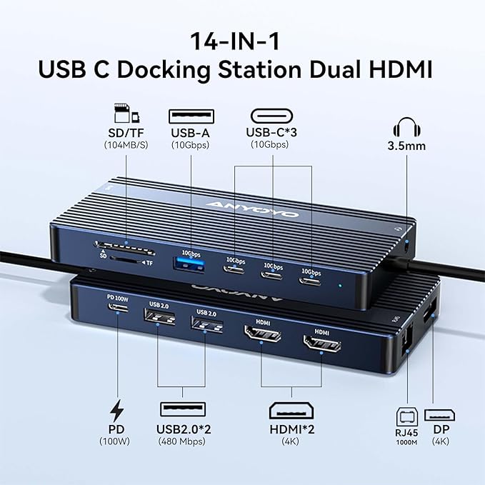 USB C Docking Station Dual Monitor, 14 in 1 Docking Station 3 Monitors with 2 * 4K HDMI, DP, 5*USB-A/C 10Gbps Ports, Ethernet, SD/TF,100W PD, Hub Multiport Adapter for HP/Dell/Lenovo