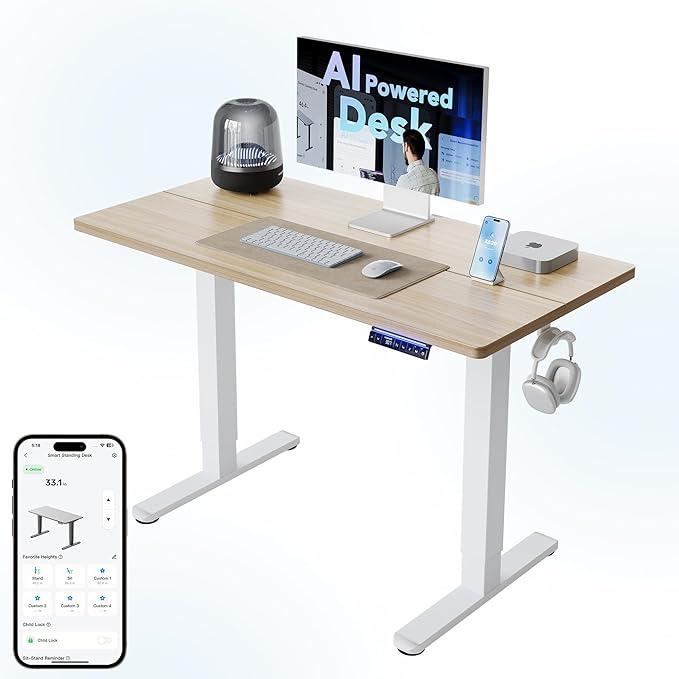 HUANUO 48" AI Smart Standing Desk with App-Synced Sedentary Reminders, Electric Height Adjustable Desk with Body-Data Ergonomic Presets, Voice Control Alexa/Google/Siri, 3 Memory Settings Table, Black