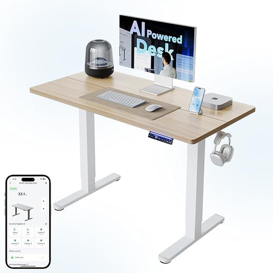 HUANUO 48" AI Smart Standing Desk with App-Synced Sedentary Reminders, Electric Height Adjustable Desk with Body-Data Ergonomic Presets, Voice Control Alexa/Google/Siri, 3 Memory Settings Table, Black