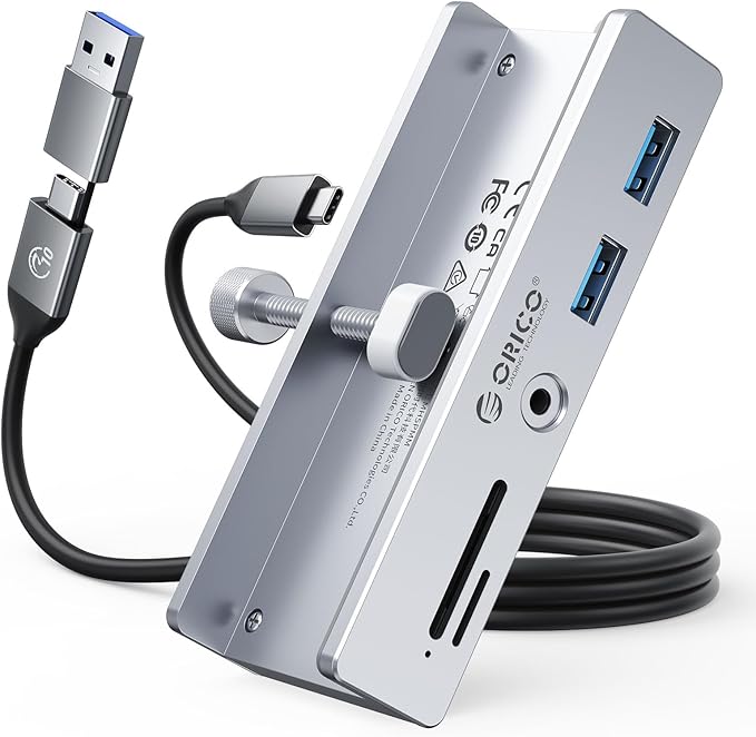 ORICO USB Hub 3.0, Clamp USB Hub with Extra Power Port, Aluminum USB C Adapter with 2 USB-A Data Ports,3.5mm AUX, SD/TF Card Reader for Desktop(Silver)