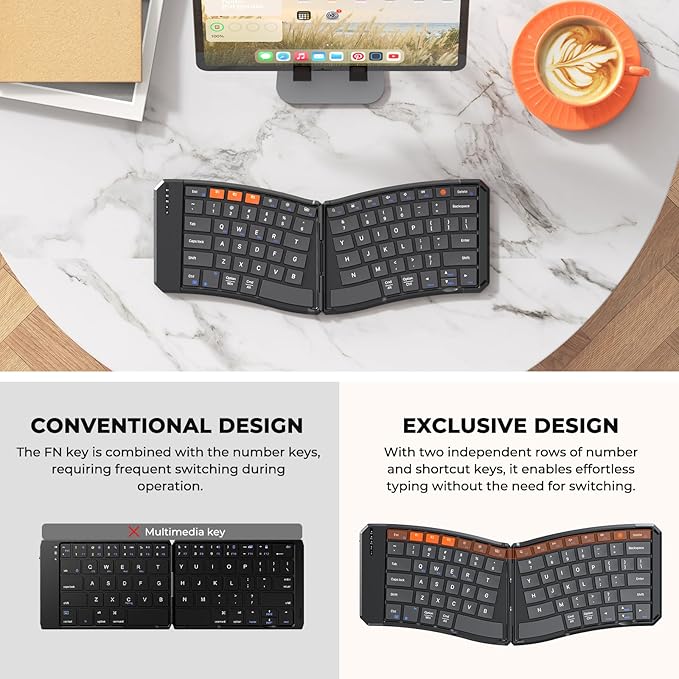 MEETION New Ergonomic Bluetooth Foldable Keyboard, Split Compact Portable Wireless Keyboard for Business Travel, Rechargeable Folding Keyboard for Tablet PC Smartphone iOS Android Windows Mac Black