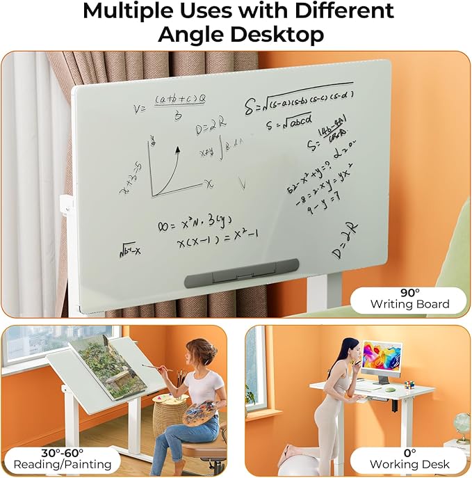 35inch Glass Standing Desk，90° Tiltable Mobile Rising Desk Height Adjustable，Whole Piece Rolling Drafting/DrawingTable with Wheels，Foldable Small Laptop Art Desk，White