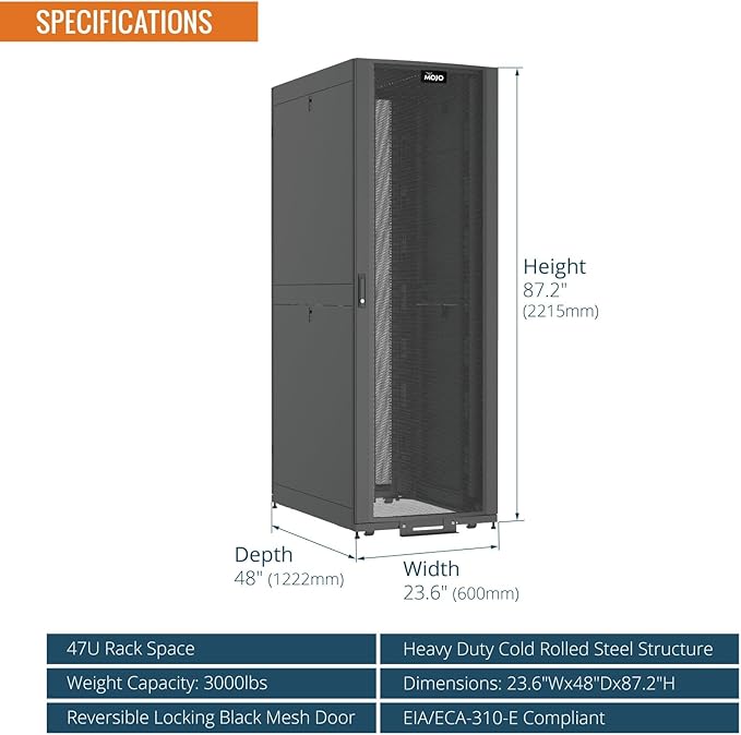 Tecmojo 47U Server Rack Cabinet - PRE-Assembled 24inch Width 48inch Depth IT Network Equipment Cabinet Rack Enclosure with Casters - 3000lbs Weight Capacity,Black