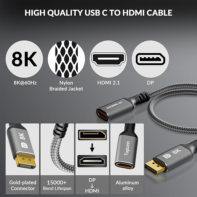 8K DisplayPort to HDMI Adapter, Uni-Directional DP 1.4 Male (Source) to HDMI 2.1 Female (Screen) Converter, DP Male to HDMI Connector 8K@60Hz, 4K@120Hz for PC, Dell, HP, NVIDIA, Laptop and More