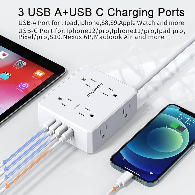 Surge Protector Power Strip - 15 Ft Flat Plug Extension Cord with 8 Widely Outlets and 4 USB Ports(1 USB C), 3 Side Outlet Extender for Home Office, White, ETL Listed