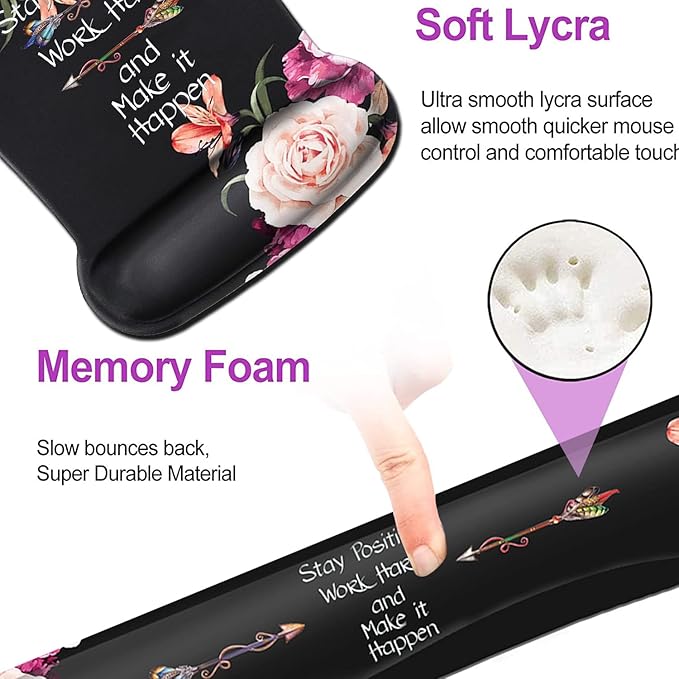 Keyboard Wrist Rest Pad and Ergonomic Mouse Pad Wrist Support Set Peony Flower Stay Positive Work Hard and Make It Happen for Gaming, Office, Comfortable and Pain Relief with Coaster Set