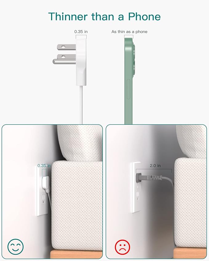 Flat Plug Power Strip, Ultra Thin Flat Extension Cord - Addtam 12 Widely AC 3 Sides Multiple Outlets, 5Ft, Wall Mount, Desk Charging Station for Home Office Dorm Room Essentials