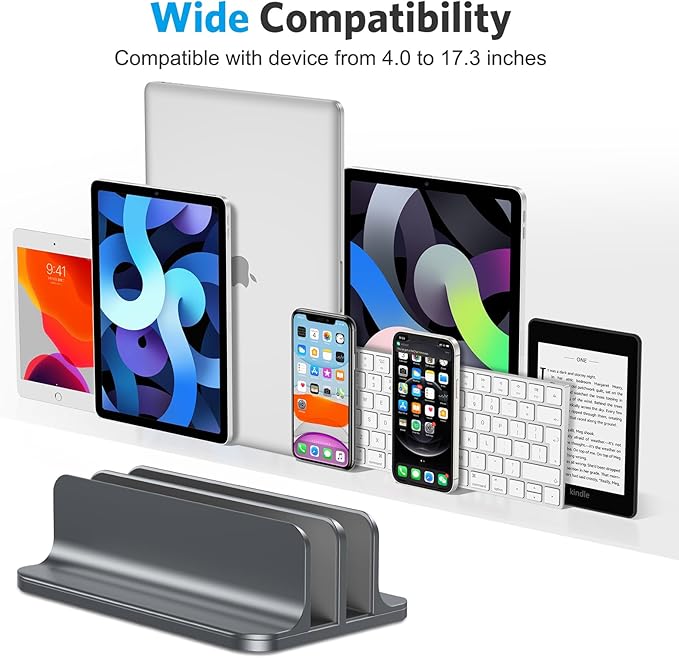 OMOTON [Updated Dock Version Vertical Laptop Stand, Double Desktop Stand Holder with Adjustable Dock (Up to 17.3 inch), Fits All MacBook/Surface/Samsung/HP/Dell/Chrome Book (Grey)