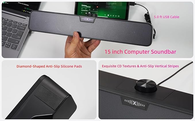 Computer Speakers Soundbar for Desktop PC Mac, USB Plug-in, Wired, External Speakers for Laptop Desk Monitor, RGB Gaming Sound bar with HD Stereo Loud Sound, Punchy Bass, Volume Knob, USB C Adapter