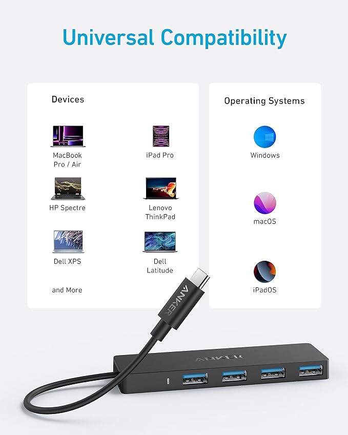 Anker USB C Hub 4 Ports, Multiple USB 3.0 Hub with 5Gbps Data Transfer, Extender for Type C Port Laptop, PC, Desktop and More (0.7 ft USB-C Connector, Charging Not Supported)