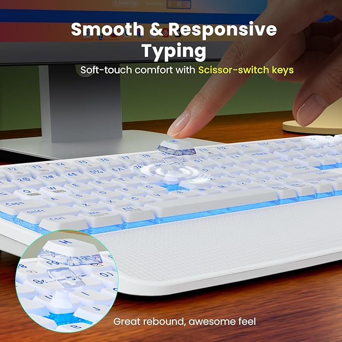 White Keyboard and Mouse Wireless Combo, 4000mAh Rechargeable Backlit Quiet Keyboards mice Set, USB Ergonomic Key Board with Wrist Rest & Phone Holder for PC, Mac, Windows, Natural Soft Typing