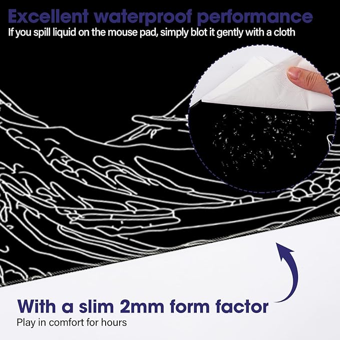 LifetimeWarrantly Japanese Sea Wave Large Gaming Mouse Pad – 35.4" x 15.7" Full Desk Mat, Non-Slip Rubber Base, Stitched Edges, Waterproof, Durable Surface for Esports, Office, Home