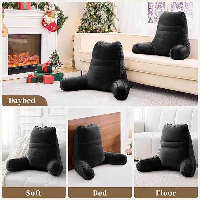 Sasttie Reading Pillow for Bed - 23 Inch, Back Pillow for Bed Sitting Up, Back-Rest Support Cushion with Side Pockets and Arms, Dorm Essentials, Oeko-Tex Certified, Black