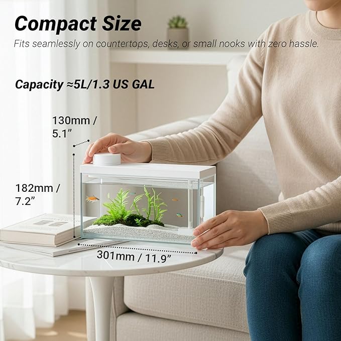 1.3 Gal Glass Desktop Fish Tank Kit with Bluetooth App Control - Automatic Feeder, RGB Lighting, Temperature Monitor & Self-Cleaning Filtration - Small Aquarium for Betta, Guppy, Shrimp
