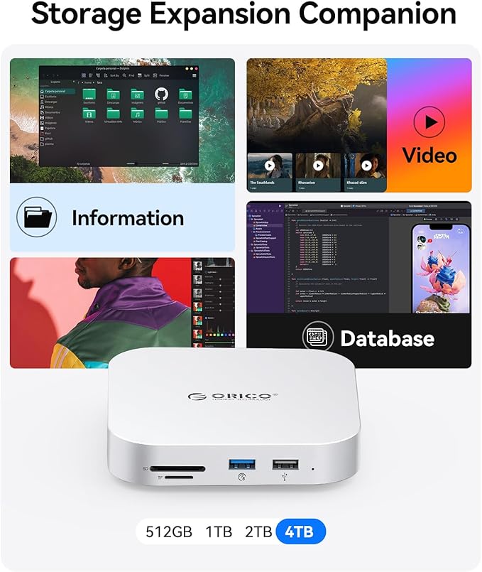 ORICO MiniMate SE Mac mini M4 1TB Storage & Docking Station, External SATA SSD (Non-Removable) 5Gbps(480MB/s), USB A*4, USB-C, SD/TF 3.0, 3.5mm Audio, Includes 2 Cables – M4SE