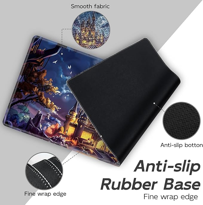 Gaming Mouse Pad Set, Moonlight Fantasy Castle Large Desk Mat Mousepad, Keyboard Wrist Support, Mouse Wrist Rest, Coaster 4in1 Ergonomic Memory Foam, Non-Slip Stitched Edge for Home Office