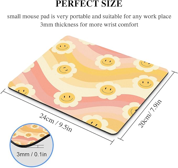 Smile Face Mouse Pad Desk Retro Orange Yellow Rainbow Cute Daisy Groovy Flower Mousepad Sun Floral Aesthetic Square Laptop Computer Office Small Portable Wireless Mat Accessories Girly Teacher