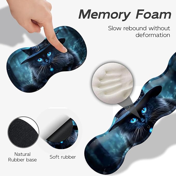 Gaming Mouse Pad Set, Black Cat Wearing Hat Large Desk Mat Mousepad, Keyboard Wrist Support, Mouse Wrist Rest, Coaster 4in1 Ergonomic Memory Foam, Non-Slip Stitched Edge for Home Office