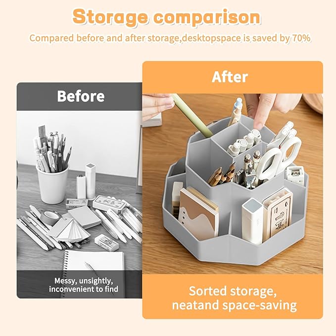 Pencil Pen Holder for Desk,9 Slots 360 Degree Rotating Desk Organizers,Desktop Storage Stationery Supplies Organizer, Cute Pencil Cup Pot For Office, School, Home(Grey)