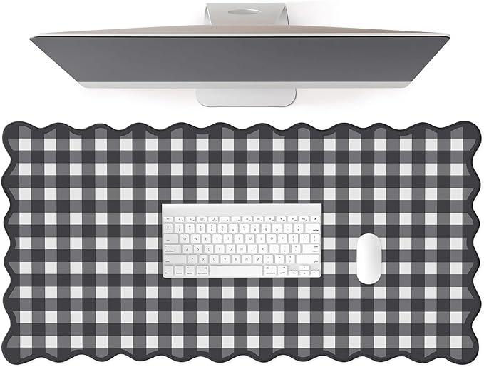 Scalloped‌ Black Desk Mat Checkered Gingham Cute XXL Large Gaming Mouse Pad Kawaii Vintage‌ Cottagecore Keyboard Computer Mat for Desktop Aesthetic Desk Pad Accessories Decor for Women