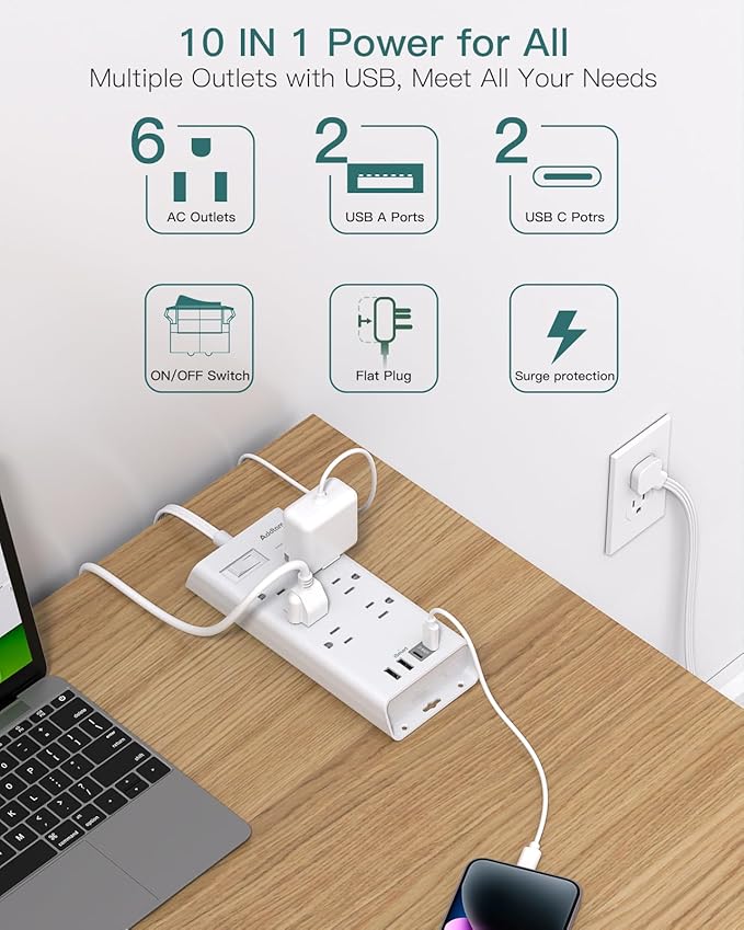Surge Protector Power Strip, Addtam Flat Plug Extension Cord with 6 Outlet 4 USB Ports (2 USB C), 5FT Outlet Extender Strip for Home Office College Dorm Room Essentials