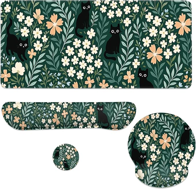 Cat Mouse Pad Set Cute Black Cats Floral Garden Gaming Mousepad 4in1 Desk Mat for Desktop Anti-Slip XXL Big Computer Ergonomic Mousepad with Wrist Support for Keyboard and Mouse