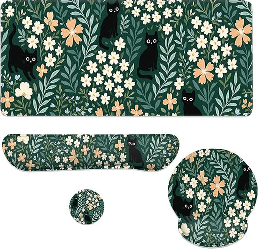 Cat Mouse Pad Set Cute Black Cats Floral Garden Gaming Mousepad 4in1 Desk Mat for Desktop Anti-Slip XXL Big Computer Ergonomic Mousepad with Wrist Support for Keyboard and Mouse