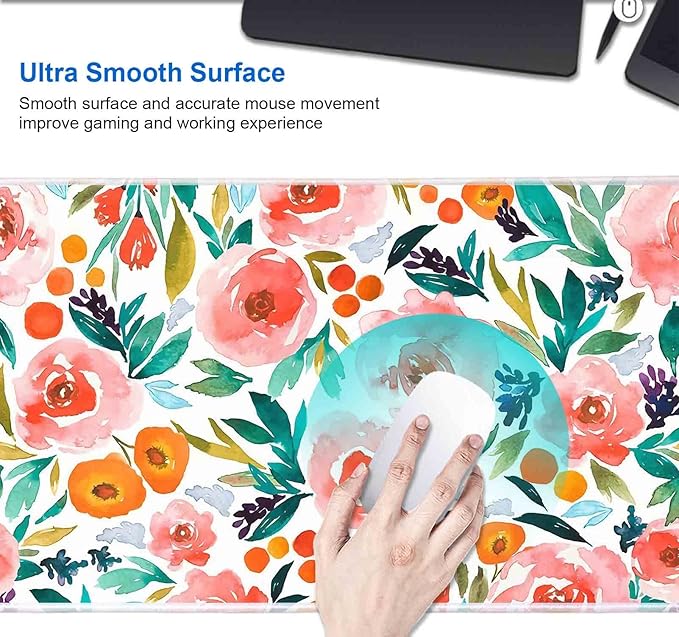 IMAYONDIA Large Floral Gaming Mouse Pad Mat with Stitched Edges, Extended Mousepad, Non-Slip Rubber Base Keyboard Pad, Desk Pad for Gamer, Office, (31.5” x 11.8” x 0.12”) - Watercolor Rose Flowers