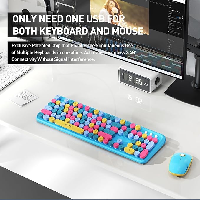 Cute Retro Wireless Keyboard and Mouse Combo, Colorful Typewriter Keyboard with Round Keycaps, 2.4GHz Multi-Color Hybrid Bubble Keyboard for Women, Funky Blue Computer Keyboard for PC Laptop Office