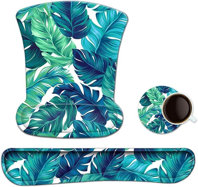 Keyboard Wrist Rest Pad Ergonomic Mouse Pad Set, ToLuLu Mouse Pad for Computer Laptop, Non Slip Mousepad Keyboard Wrist Support with Raised Memory Foam for Easy Typing Pain Relief, Tropical Leaf