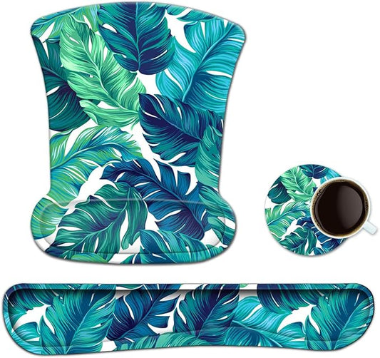 Keyboard Wrist Rest Pad Ergonomic Mouse Pad Set, ToLuLu Mouse Pad for Computer Laptop, Non Slip Mousepad Keyboard Wrist Support with Raised Memory Foam for Easy Typing Pain Relief, Tropical Leaf