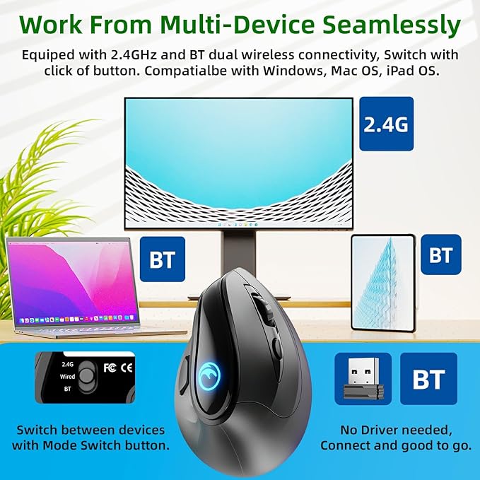 2.4G / BT/Wired Tri-Mode RGB Rechargeable G53 Wireless Vertical Ergonomic Mouse, 5 Side Buttons, Max 8400 DPI, for PC Computer Notebook Laptop, for Windows 11 10, Mac, iPad OS, Android - Black