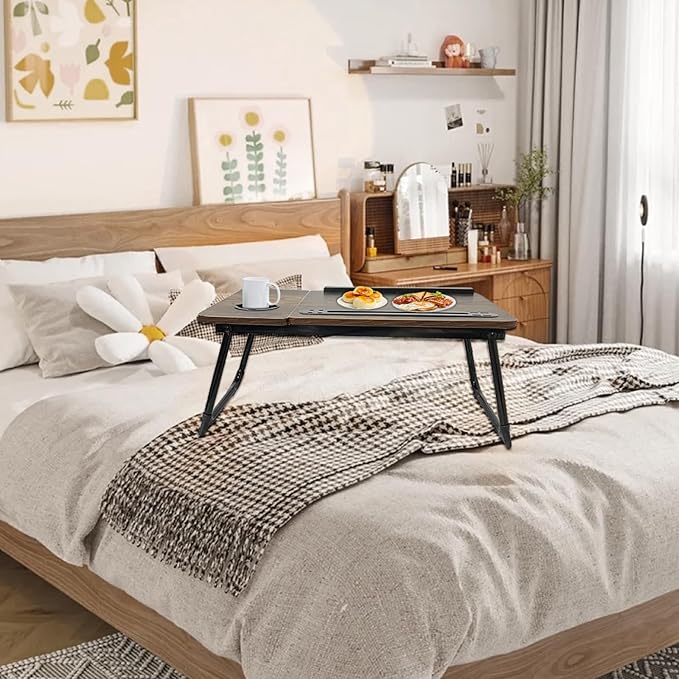 Laptop Desk for Bed, Laptops Bed Tray Desk with 5 Different Angles, Foldable Laptop Bed Table with USB Charge Port and Cup Holder for Writing Working (Rustic Brown)