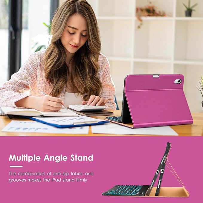 VIKESI Keyboard Case for iPad (A16,2025) 11th Generation/iPad 10th Generation Case (10.9" 2022),Premium Leather Smart Cover,Built-in Breathing Light,Function Row,Pencil Holder,Card Slots - Rose Red