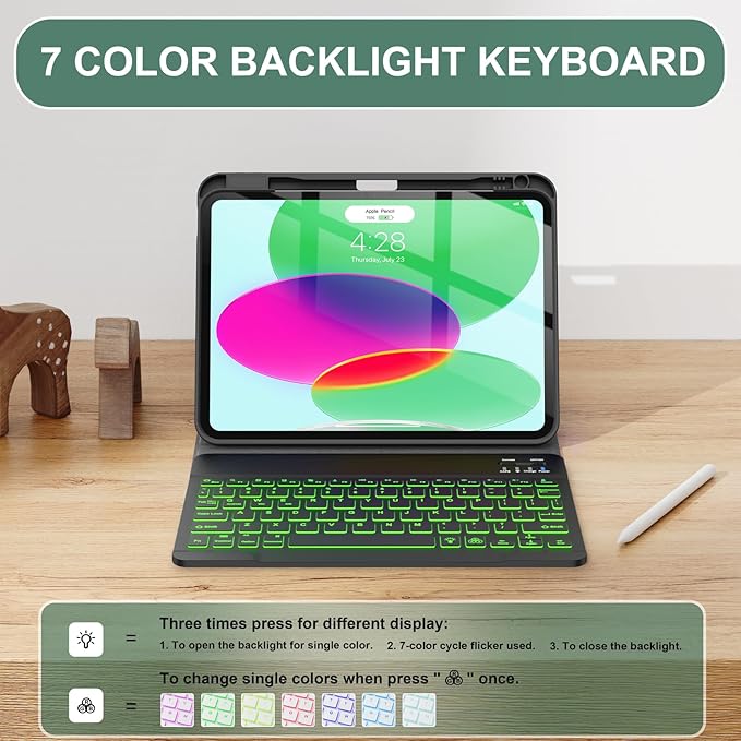 Soke for iPad (A16) 11th/10th Generation Case with Keyboard(2025/2022)-7 Color Backlight Wireless Detachable Folio Keyboard Cover with Built-in Pencil Holder for iPad 11/10.9 inch, Green Marble