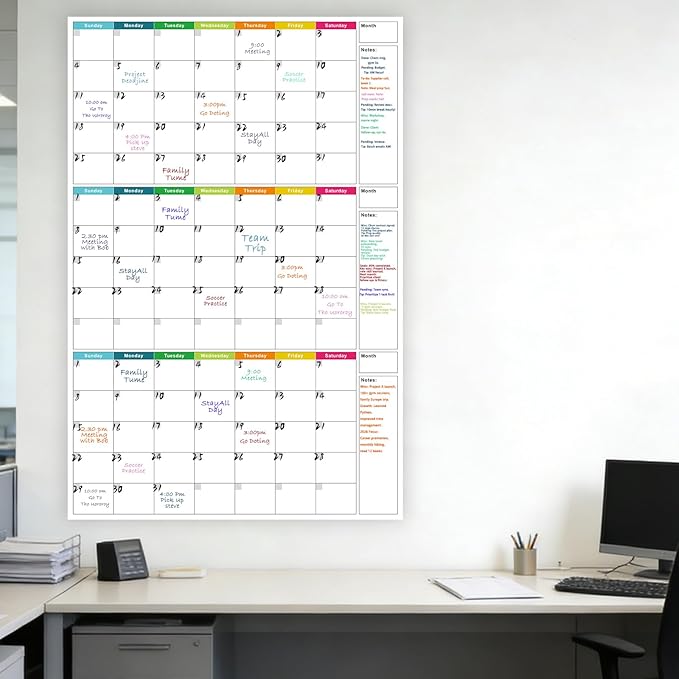 Dry Erase Calendar for Wall 24" x 36" - Undated 3 Month Wall Calendar Dry Erase Reusable Whiteboard Calendar, Vertical Erasable Monthly Planner for Home Office School Planning