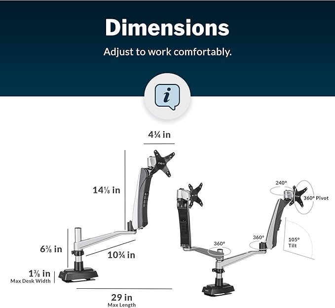 Vari Dual Monitor Arm - VESA Monitor Mount w/ 360 Degree Adjustment - Monitors up to 27 inches, 19.8 lbs - Double Monitor Arms with Full Adjustability - Computer Monitor Stand for Home or Office