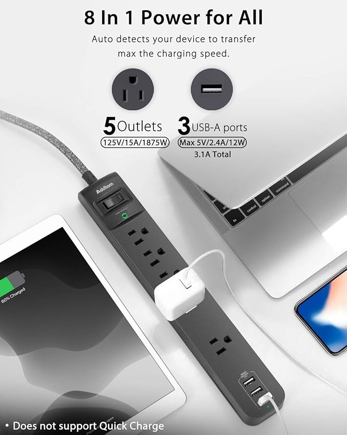 10Ft Long Surge Protector Power Strip - Extension Cord with Multiple Outlets, 5 Widely Outlets 3 USB Charging Ports, Flat Plug Overload Surge Protection, Wall Mount for Home, Office ETL Listed, 2 Pack