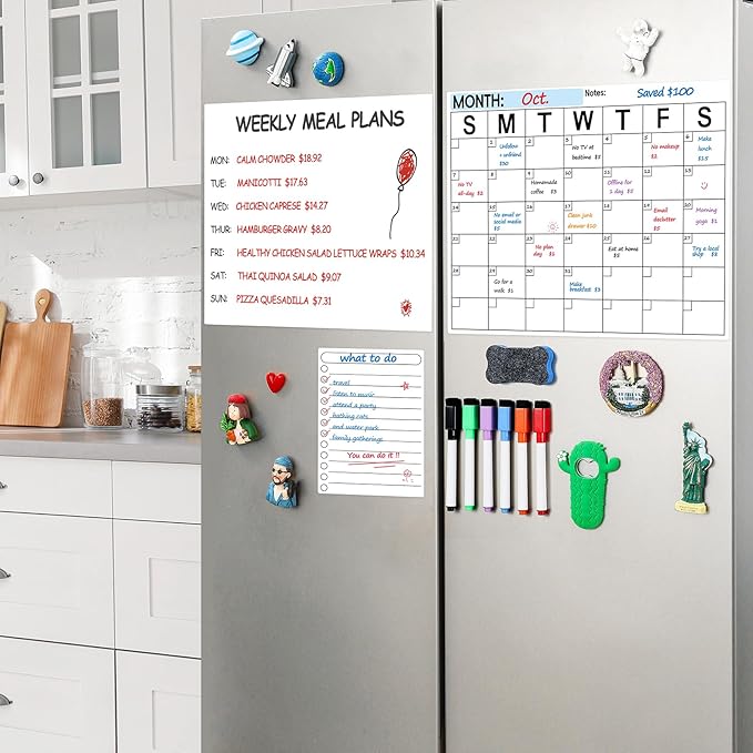 Dry Erase Magnetic Calendar for Refrigerator, 3 Pack- Monthly & Blank & Daily Planner Magnet Whiteboard for Fridge Wall - Shopping, Meal/Menu, to Do List, Family Schedule Planning Board (10HB-RIKO3)