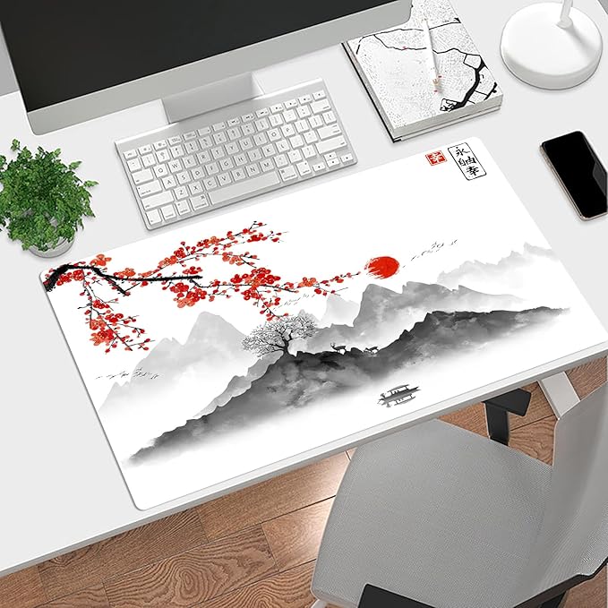 EOBTAIN Japanese Large Gaming Mouse Pad Cherry Blossom Keyboard Mat 31.5x15.7 Inch Mountain Landscape XXL Thin and Big Extended Desk Mat Smooth Non-Slip Rubber Mousepad Stitch Desk Accessories