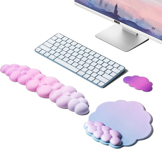 OUEST Cloud Wrist Rest Keyboard and Mouse Pad with Cute Ergonomic Memory Foam Non-Slip PU Base for Computer Mac Laptop Office Gaming-Blue/Pink/Purple