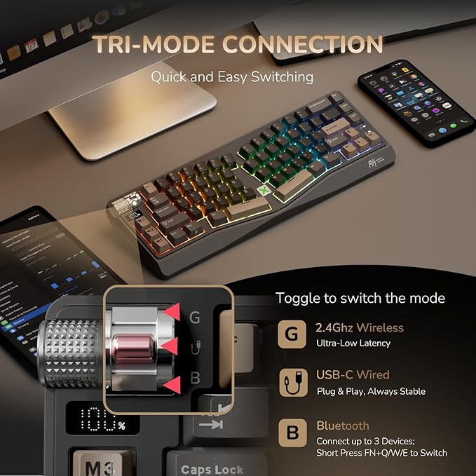RK ROYAL KLUDGE A70 Wireless Ergonomic Keyboard, Alice Split Mechanical Keyboard w/Bluetooth/2.4GHz/Wired, 65% RGB Gaming Keyboards with Knob and PBT Keycap, Gasket Hot Swappable Linear Cream Switches