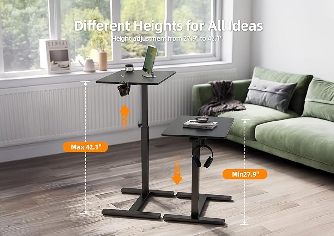 Claiks Height-Adjustable Overbed Table with Wheels, Portable Rolling Laptop Desk, Mobile Standing Desk for Home & Hospital Use, Black 25.5 inch